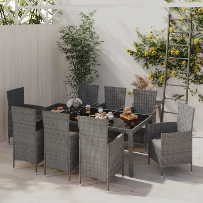 9 részes szürke kültéri polyrattan étkezőszett párnákkal 9 részes szürke kültéri polyrattan étkezőszett párnákkal