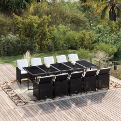 11 részes fekete polyrattan kerti étkezőgarnitúra párnákkal