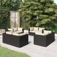 8-részes fekete polyrattan kerti ülőgarnitúra párnákkal