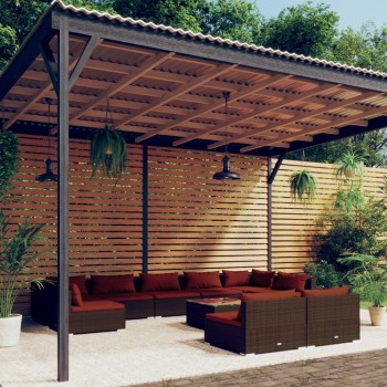 10 részes barna polyrattan kerti bútorszett párnákkal