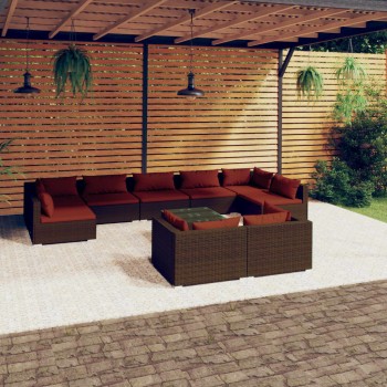 10 részes barna polyrattan kerti bútorszett párnákkal