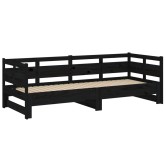 Fekete tömör fenyőfa kihúzható kanapéágy 2 x (80 x 200) cm