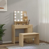 Sonoma-tölgyszínű szerelt fa fésülködőasztal-szett led-ekkel