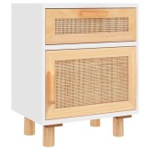 Fehér tömör fenyőfa és természetes rattan éjjeliszekrény