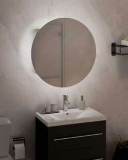 Fehér fürdőszobai szekrény kerek tükörrel/led-del 40x40x17,5 cm