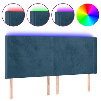 Sötétkék bársony led-es fejtámla 163x16x118/128 cm