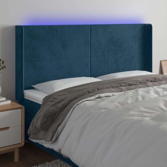 Sötétkék bársony led-es fejtámla 163x16x118/128 cm
