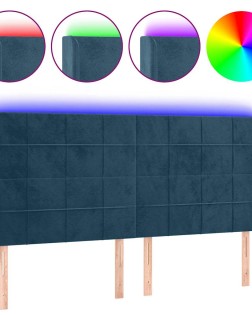 Sötétkék bársony led-es fejtámla 203x16x118/128 cm