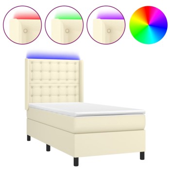 Krémszínű műbőr rugós ágy matraccal és led-del 80 x 200 cm