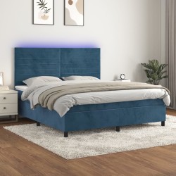 Sötétkék bársony rugós és led-es ágy matraccal 180x200 cm
