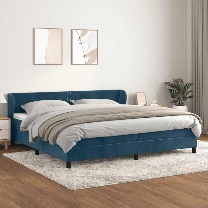Sötétkék bársony rugós ágy matraccal 200x200 cm