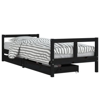 Fekete tömör fenyőfa gyerekágykeret fiókokkal 80 x 200 cm