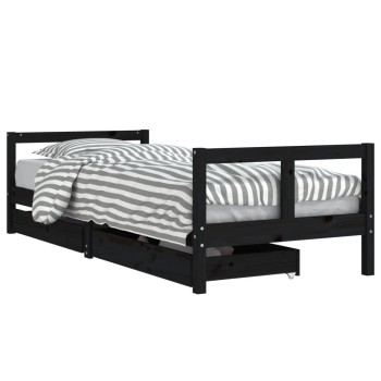 Fekete tömör fenyőfa gyerekágykeret fiókokkal 80 x 200 cm