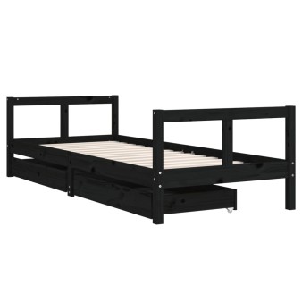Fekete tömör fenyőfa gyerekágykeret fiókokkal 80 x 200 cm