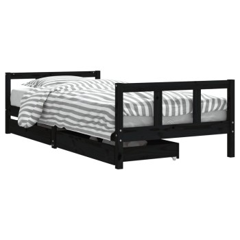 Fekete tömör fenyőfa gyerekágykeret fiókokkal 90 x 200 cm