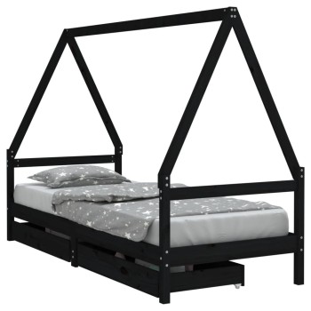 Fekete tömör fenyőfa gyerekágykeret fiókokkal 90 x 200 cm
