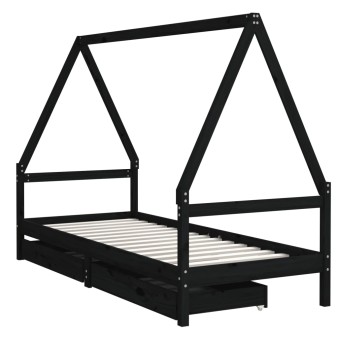 Fekete tömör fenyőfa gyerekágykeret fiókokkal 90 x 200 cm