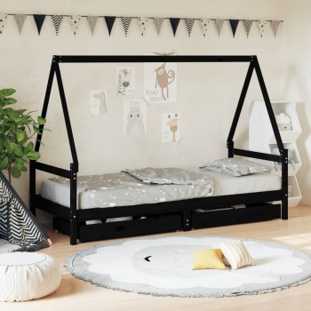 Fekete tömör fenyőfa gyerekágykeret fiókokkal 90 x 200 cm