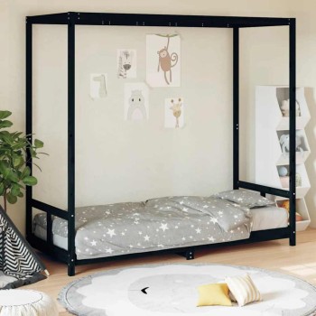 Fekete tömör fenyőfa gyerekágykeret 80 x 200 cm