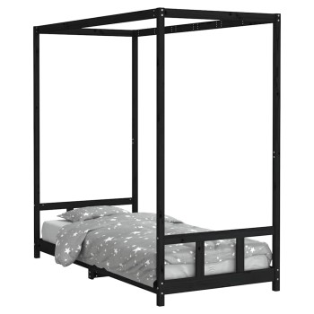 Fekete tömör fenyőfa gyerekágykeret 90 x 200 cm
