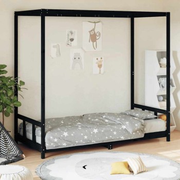 Fekete tömör fenyőfa gyerekágykeret 90 x 200 cm