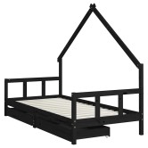 Fekete tömör fenyőfa gyerekágykeret fiókokkal 90 x 200 cm