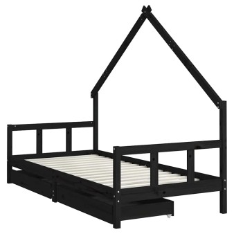 Fekete tömör fenyőfa gyerekágykeret fiókokkal 90 x 200 cm