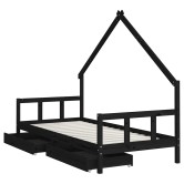 Fekete tömör fenyőfa gyerekágykeret fiókokkal 90 x 200 cm