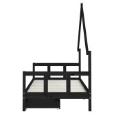 Fekete tömör fenyőfa gyerekágykeret fiókokkal 90 x 200 cm