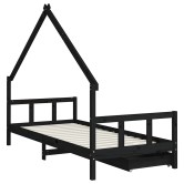 Fekete tömör fenyőfa gyerekágykeret fiókokkal 90 x 200 cm