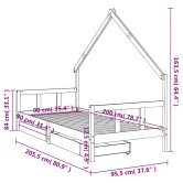 Fekete tömör fenyőfa gyerekágykeret fiókokkal 90 x 200 cm