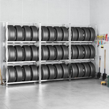 3 db ezüstszínű 3 szintes acél gumiabroncstartó 110x40x200 cm