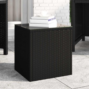 Fekete polyrattan és edzett üveg kisasztal 40 x 37 x 40,5 cm
