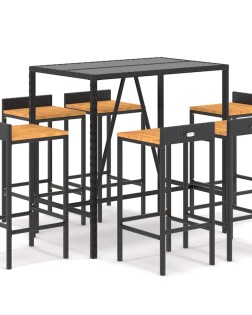7 részes fekete polyrattan és tömör akácfa kerti bárszett