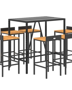 7 részes fekete polyrattan és tömör akácfa kerti bárszett