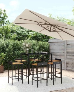 7 részes fekete polyrattan és tömör akácfa kerti bárszett