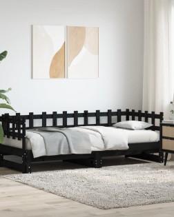Fekete tömör fenyőfa kihúzható kanapéágy 2 x (80 x 200) cm