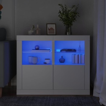 2 db fehér szerelt fa kisszekrény led-fényekkel