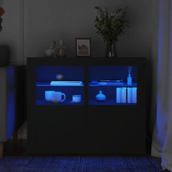 2 db fekete szerelt fa kisszekrény led-fényekkel