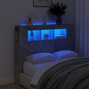 Betonszürke szerelt fa led-es fejtámla 120x18,5x103,5 cm