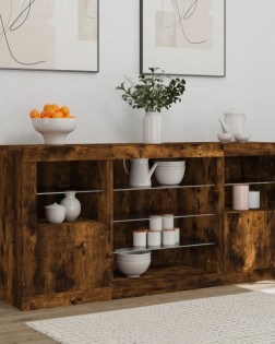 Füstös tölgy színű tálalószekrény led-ekkel 142,5 x 37 x 67 cm