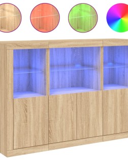 3 db sonoma tölgy színű szerelt fa tálalószekrény led-ekkel
