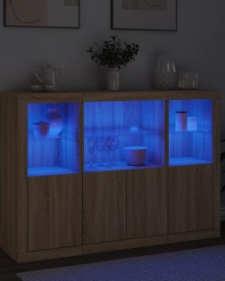 3 db sonoma tölgy színű szerelt fa tálalószekrény led-ekkel