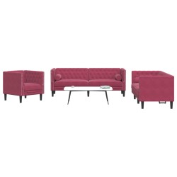 3 részes bordó bársony chesterfield kanapészett hengerpárnákkal
