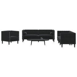 3 részes fekete bársony chesterfield kanapészett párnákkal 3 részes fekete bársony chesterfield kanapészett párnákkal