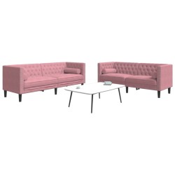 2 részes rózsaszín bársony chesterfield kanapészett párnákkal