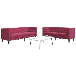 2 részes bordó bársony chesterfield kanapészett hengerpárnákkal