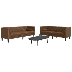 2 részes barna művelúr chesterfield kanapészett hengerpárnákkal
