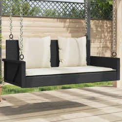 Fekete polyrattan hintapad párnával 119 x 56 x 48 cm