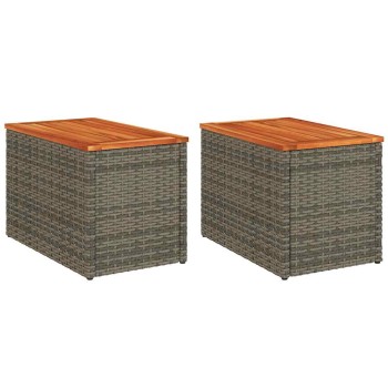 2 db szürke polyrattan és tömör fa kerti kisasztal 55x34x37 cm